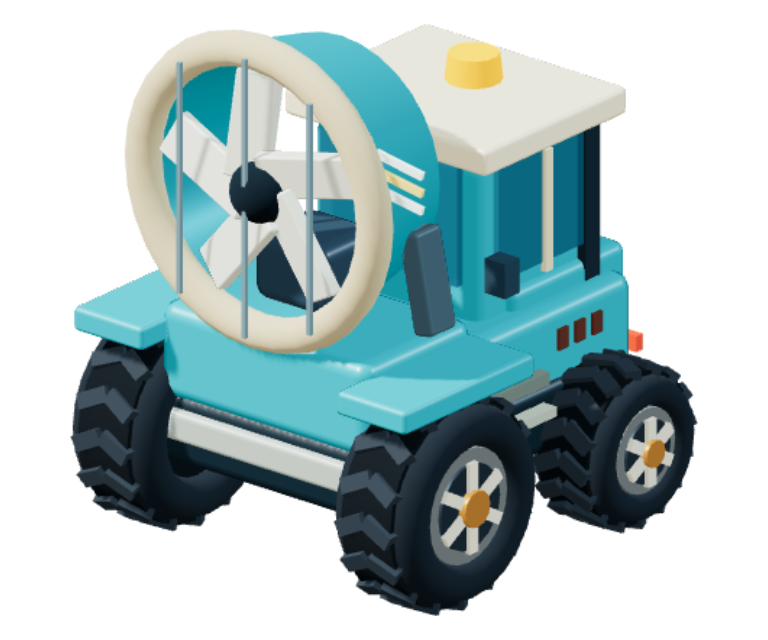 Teal toy utility truck with a giant fan
