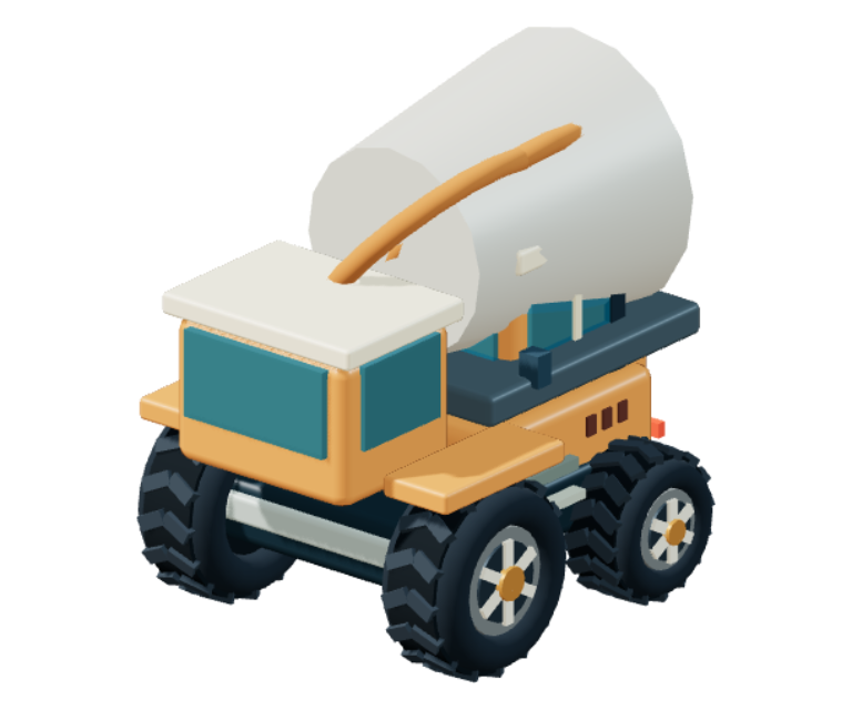 Orange toy concrete mixer with a rotating drum