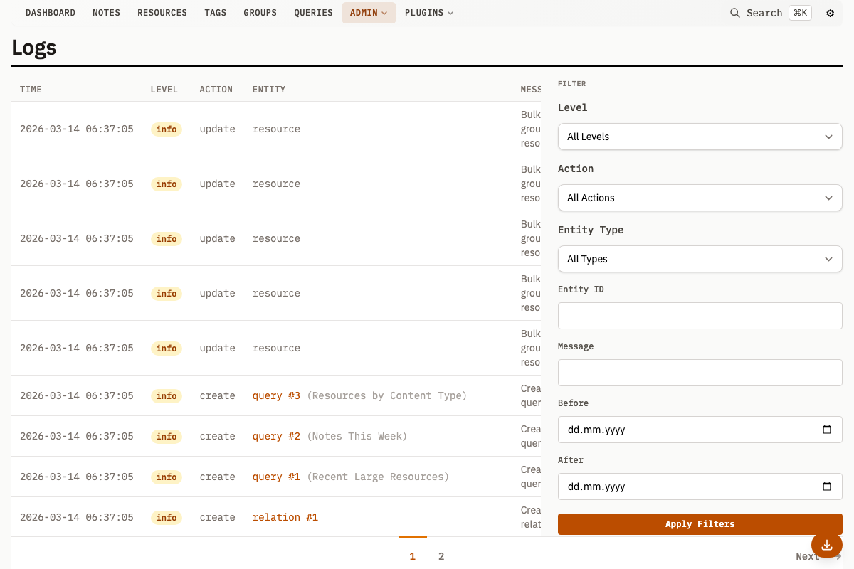 Activity log showing recent entity changes