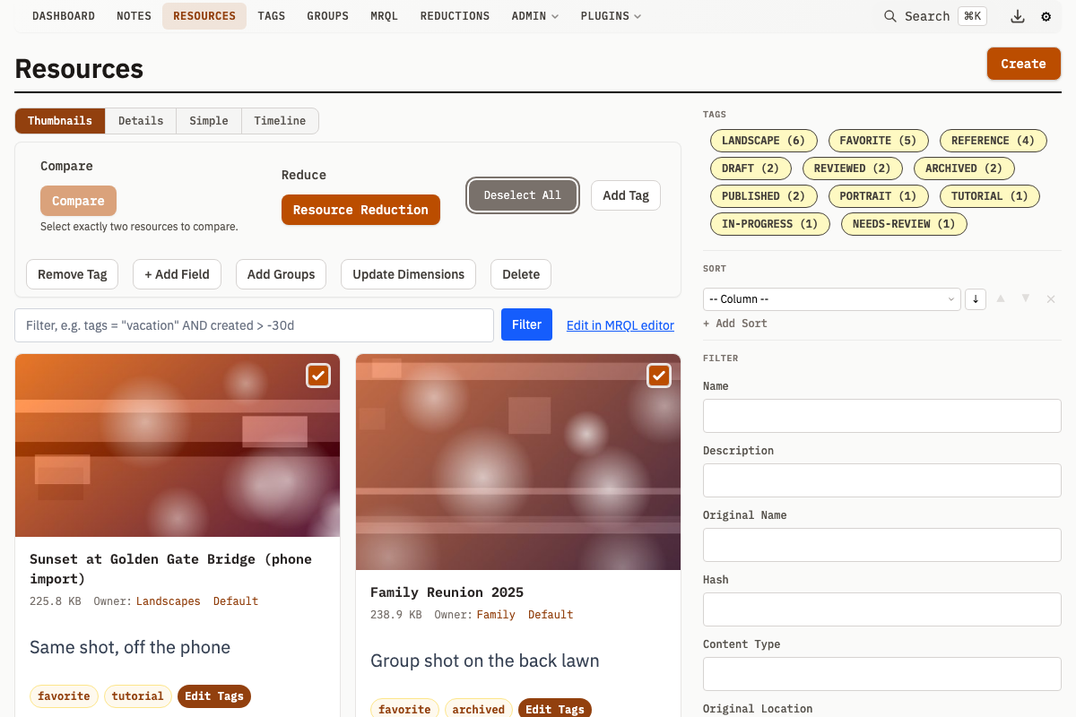 Bulk selection toolbar with tag and group operations