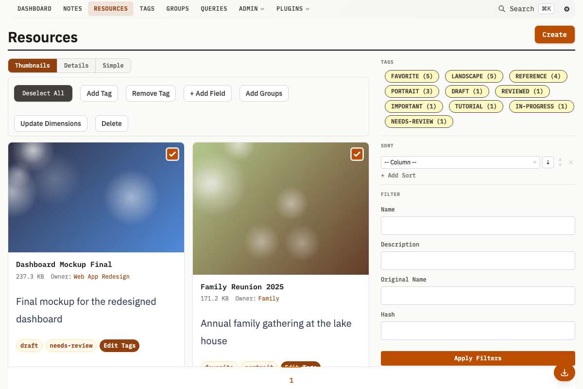 Bulk selection toolbar with tag and group operations