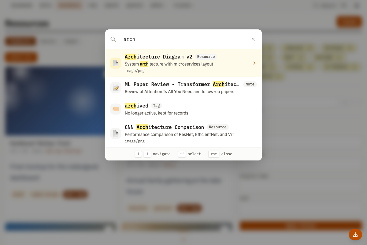 Global search modal showing results