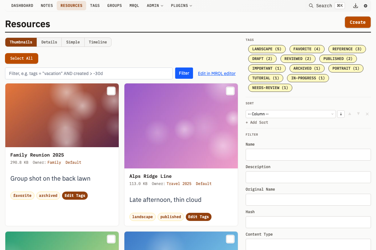 Resource grid view with thumbnails and tag filters