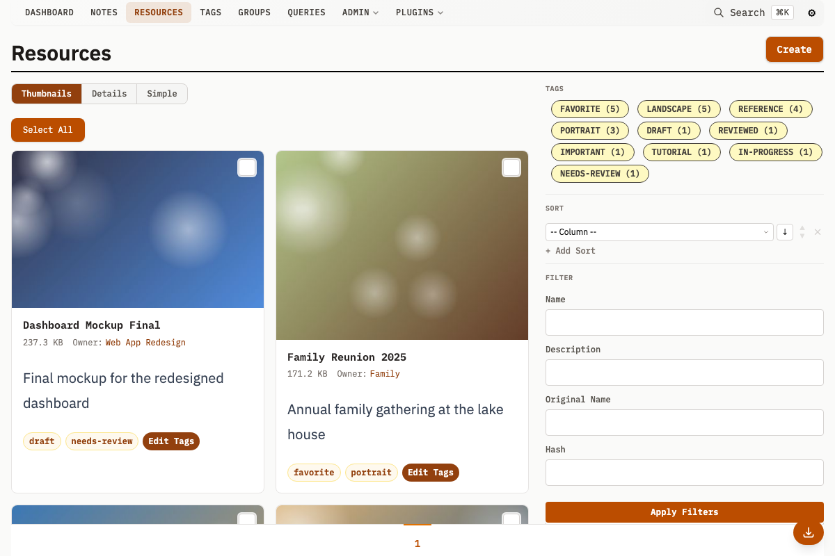 Resource grid view with thumbnails and tag filters