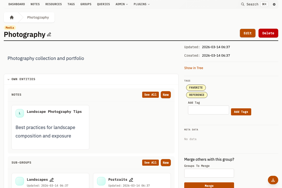 Group detail page with owned resources and notes