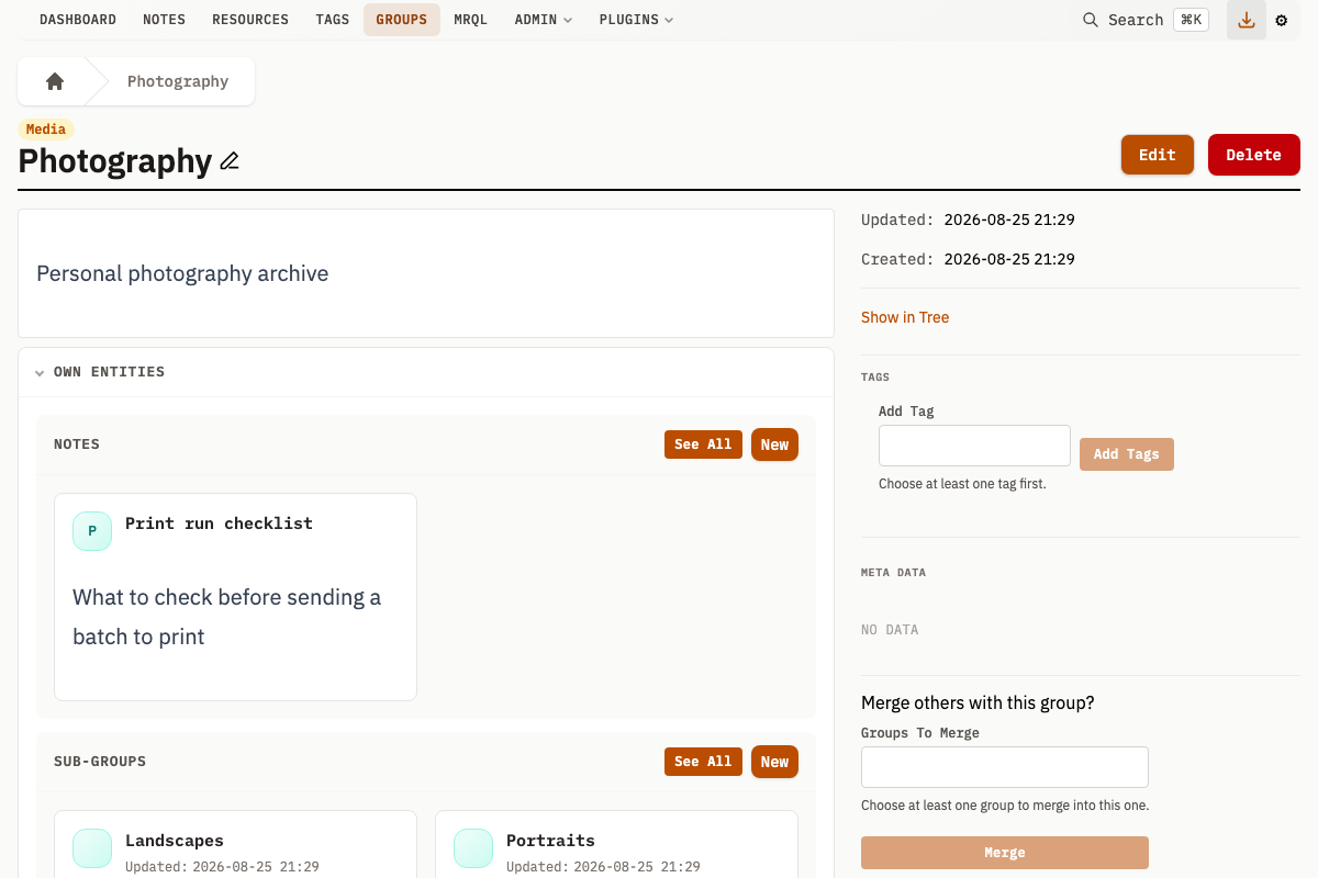 Group detail page with owned resources and notes
