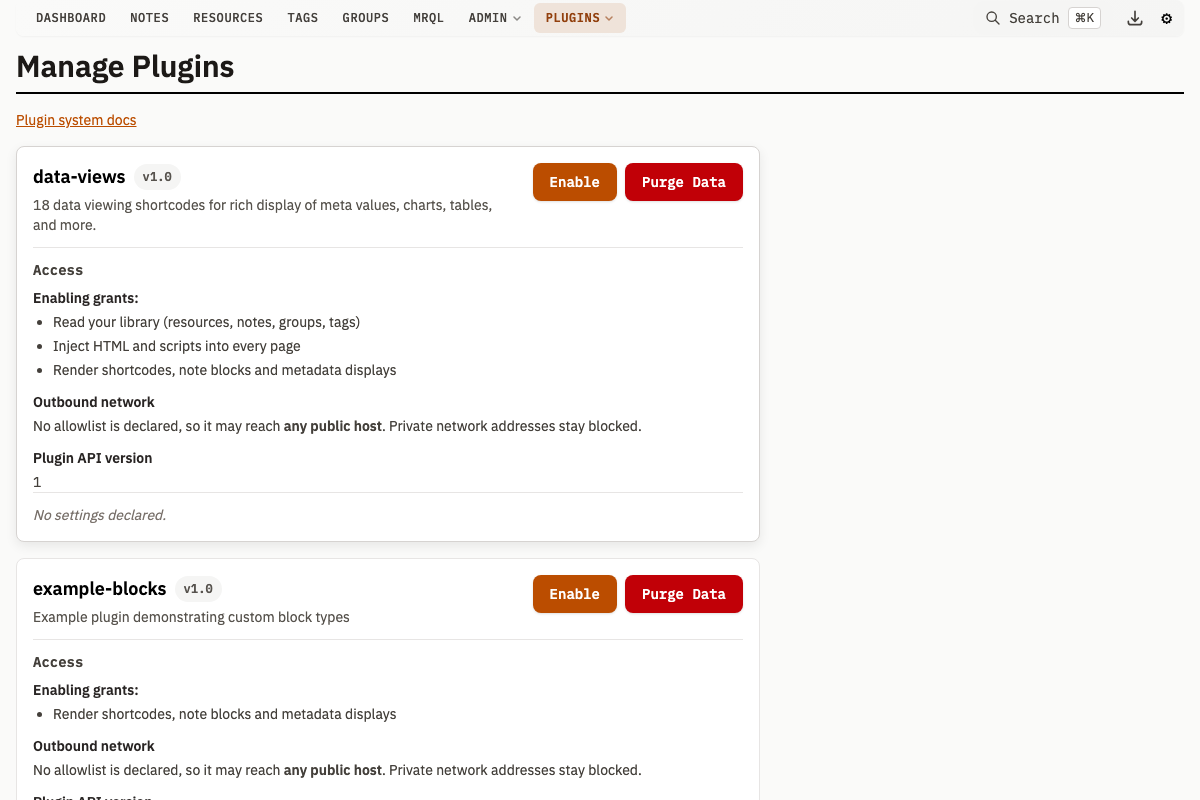 Plugin management page