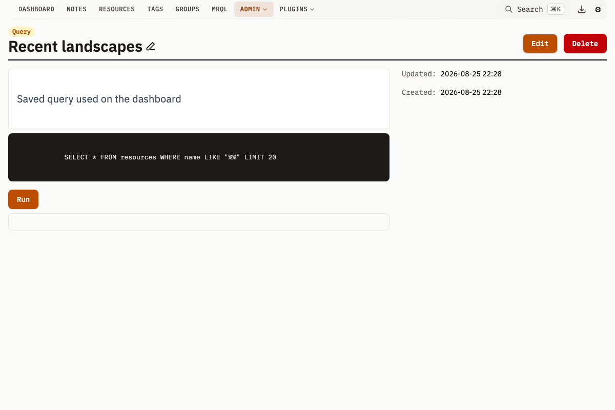 Saved query editor with SQL and results