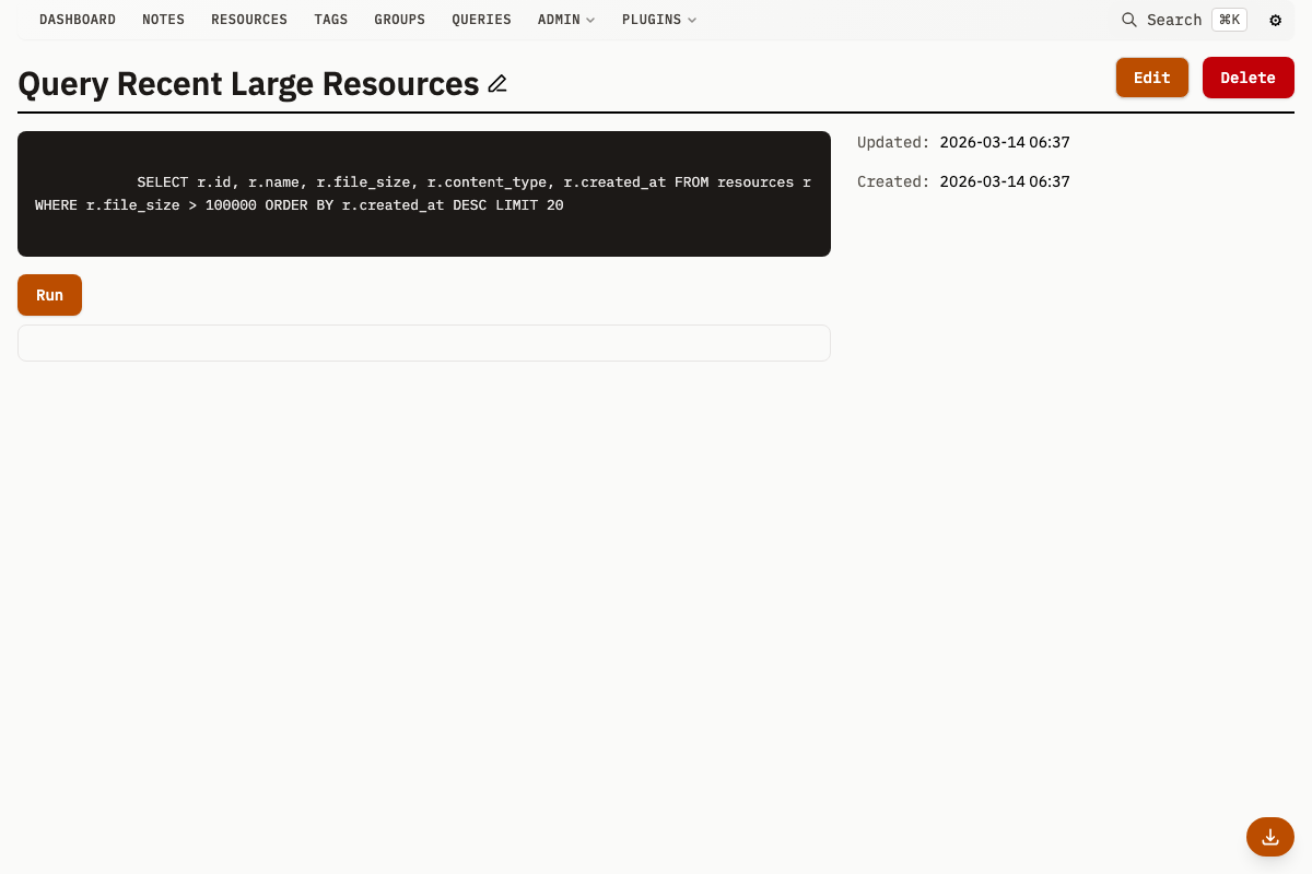Saved query editor with SQL and results
