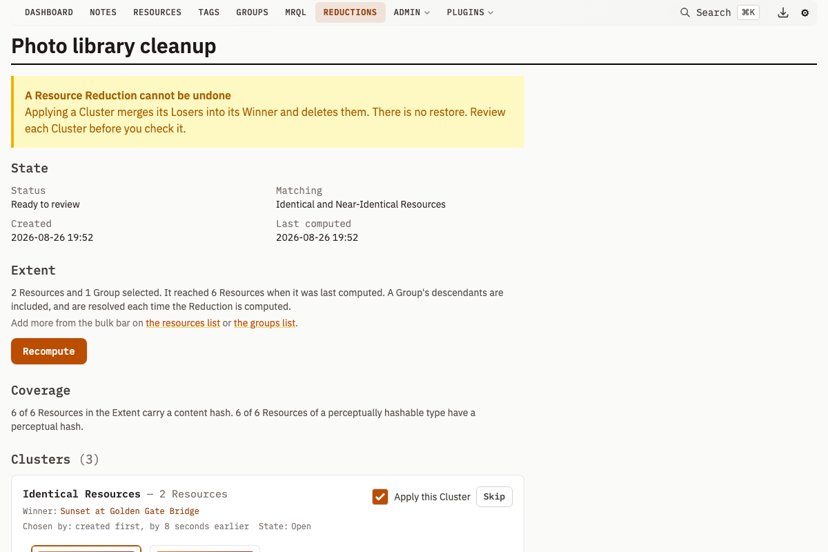 Resource Reduction workspace with clusters
