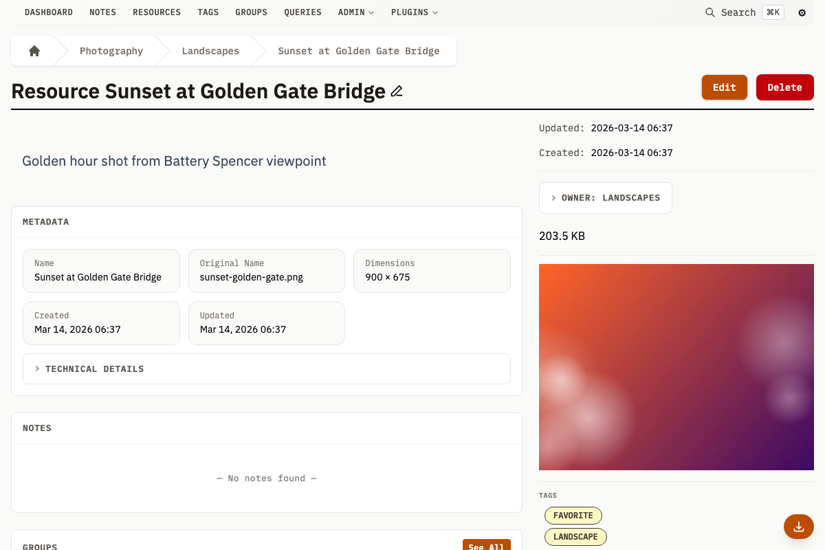 Resource detail page with tags, groups, and metadata