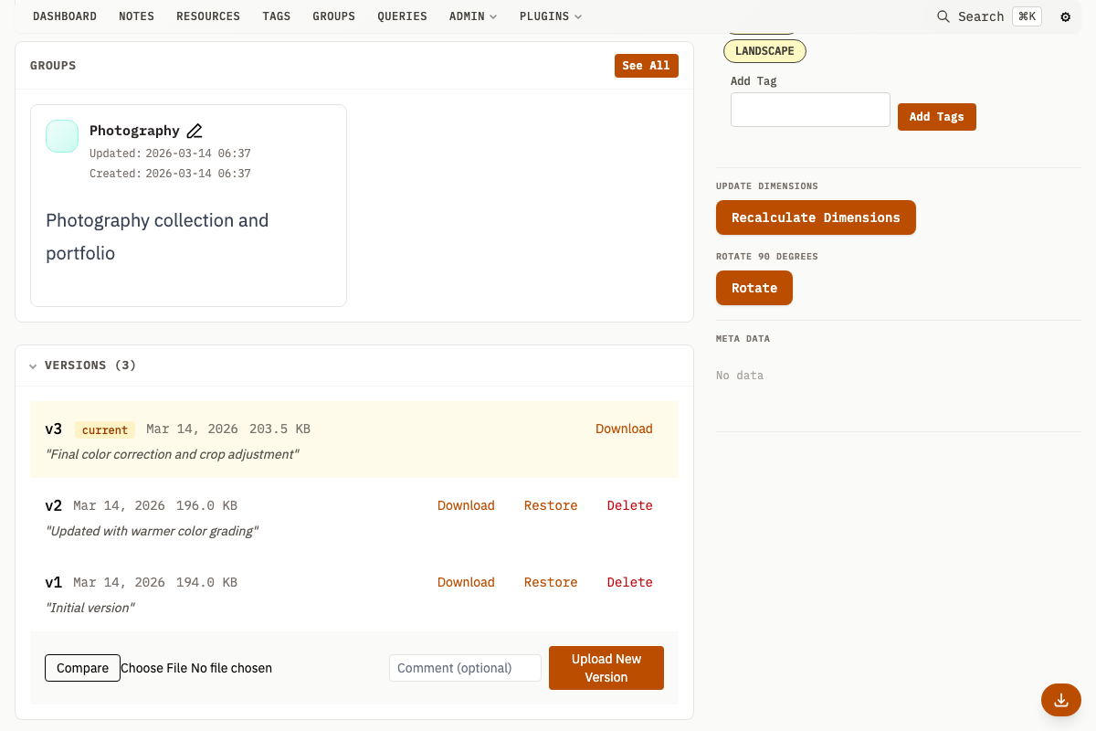 Resource version history panel