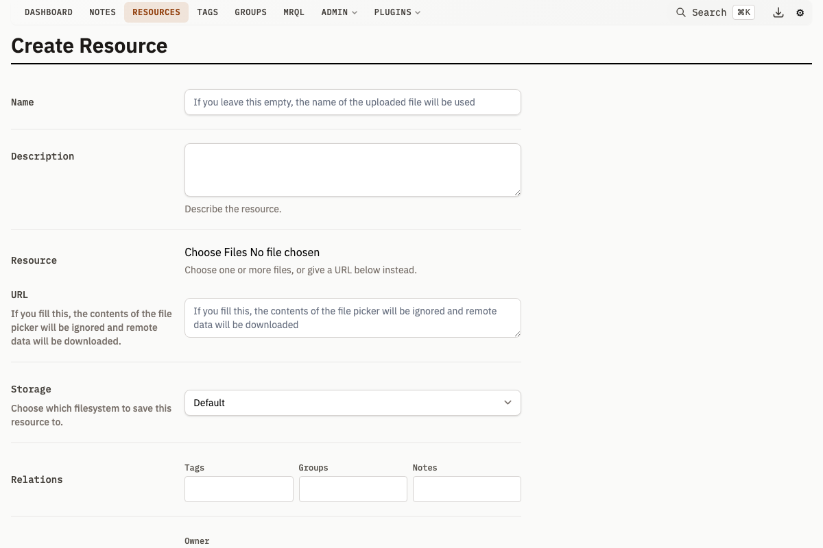 Create resource upload form