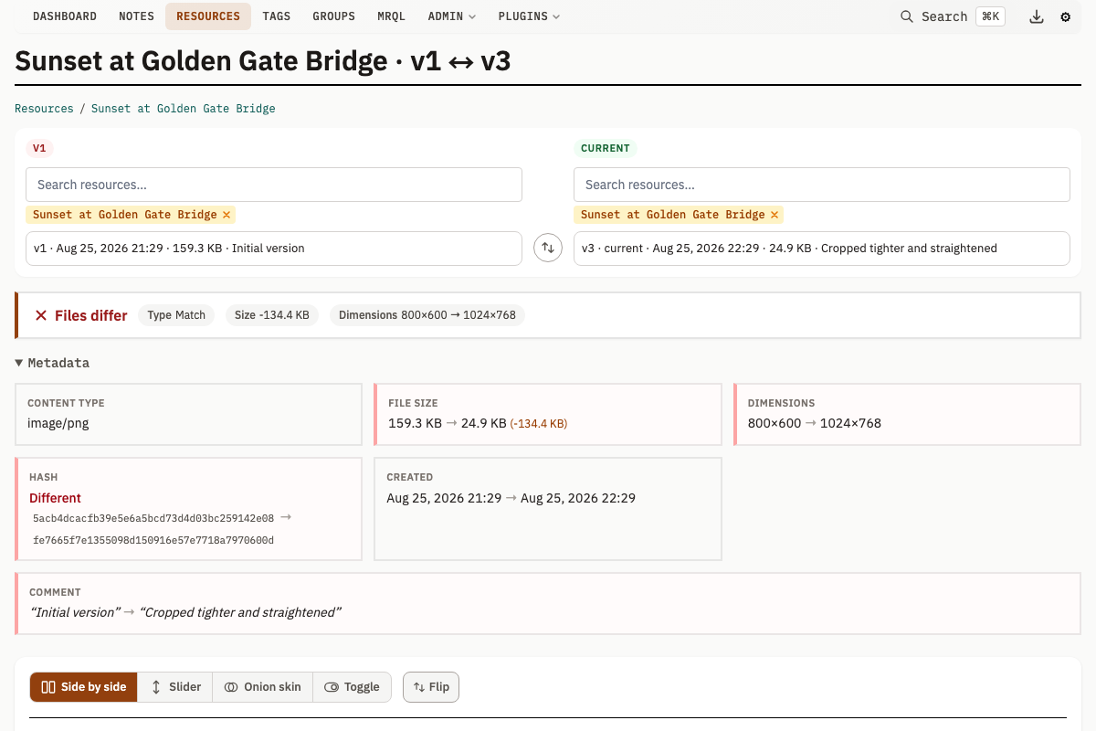 Version comparison page
