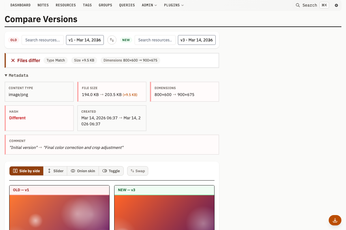 Version comparison page